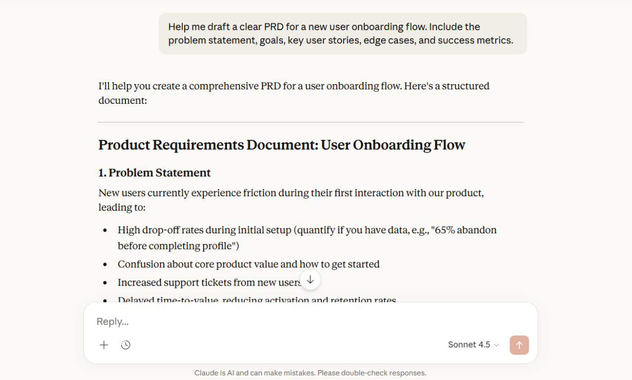 A product manager creating a PRD in Claude to address user problems and prioritize improvements