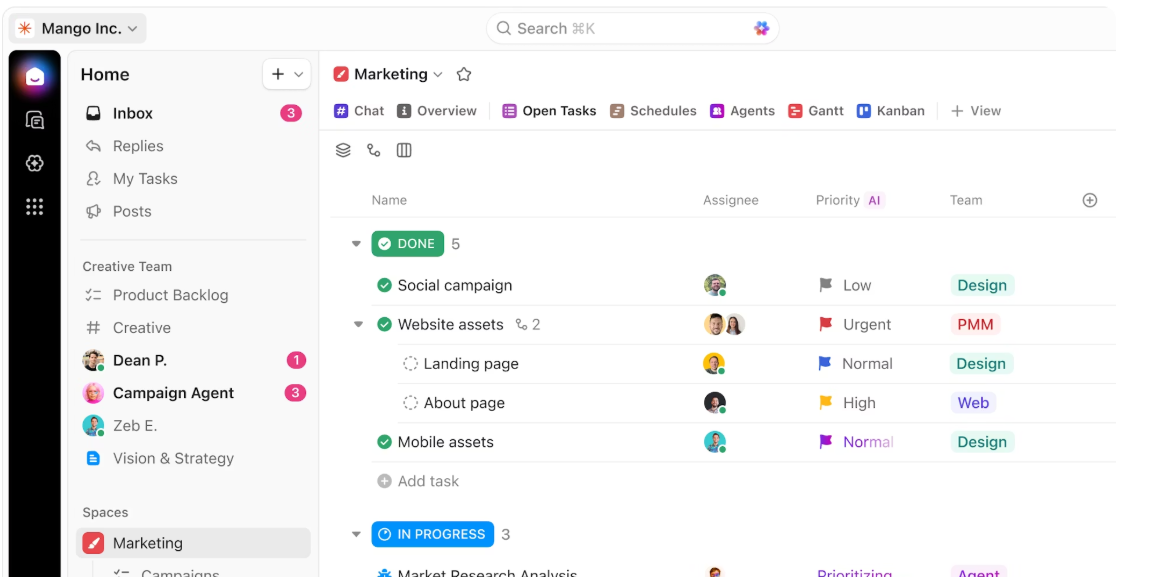 ClickUp marketing dashboard supporting campaign planning and business case decisions