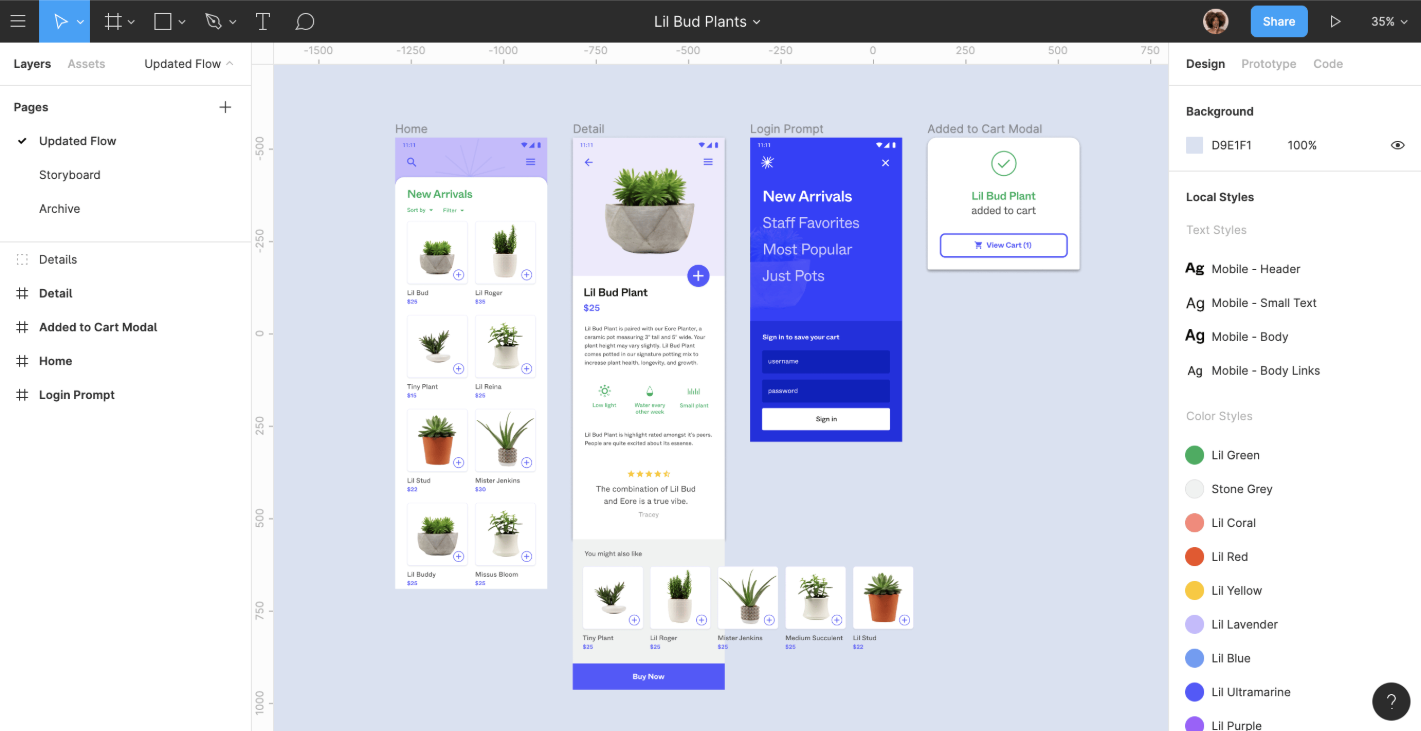 Figma workspace showing mobile app screens aligned with core design principles.