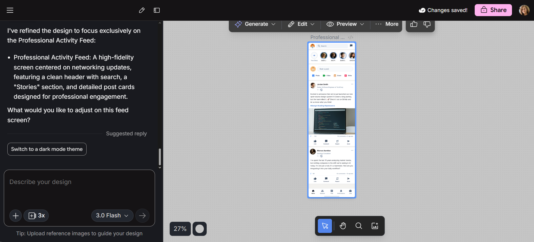 Google Stitch AI design tool showing mobile app interface generated from natural language prompt