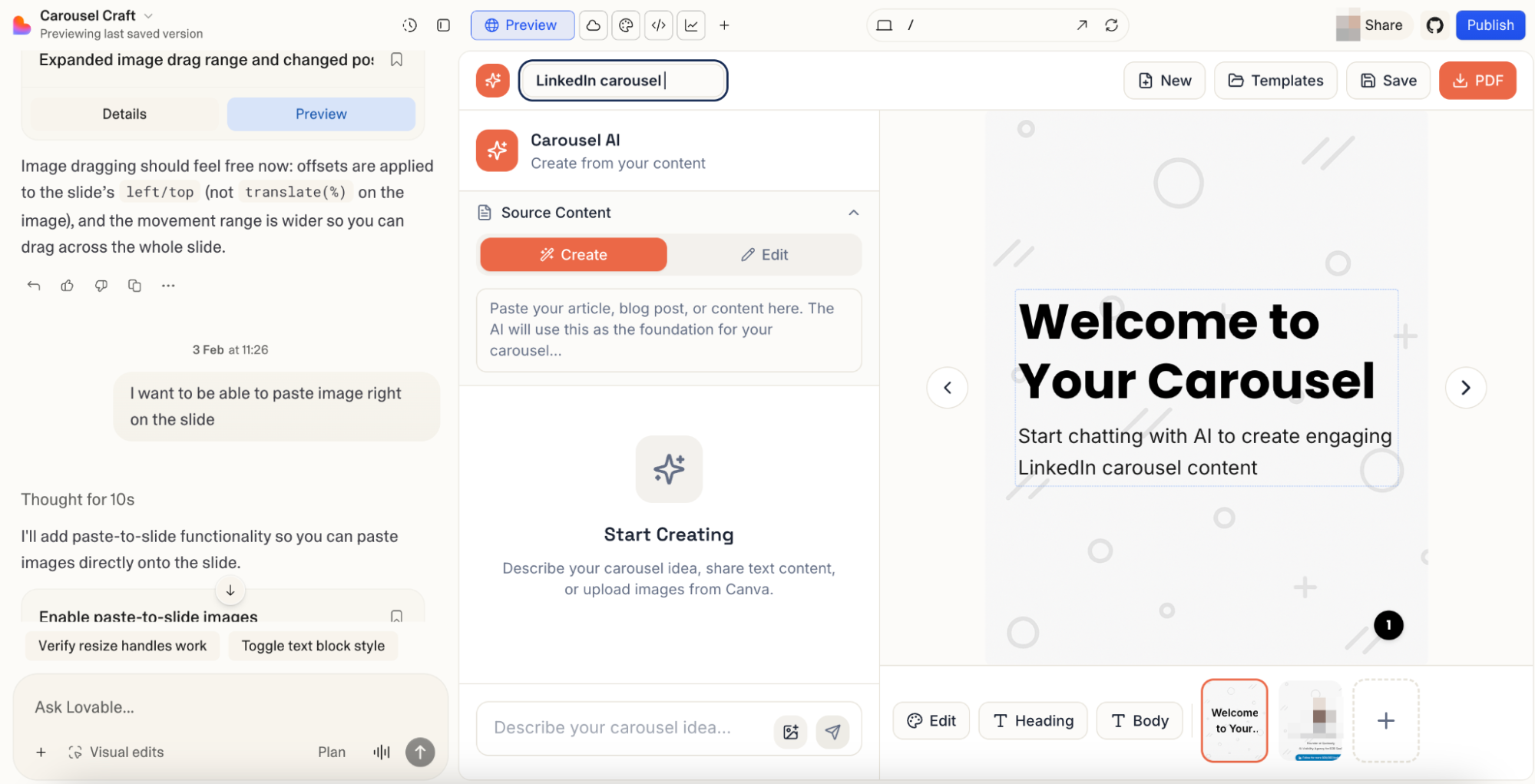 Lovable AI app builder showing full-stack app and design development from conversational prompts