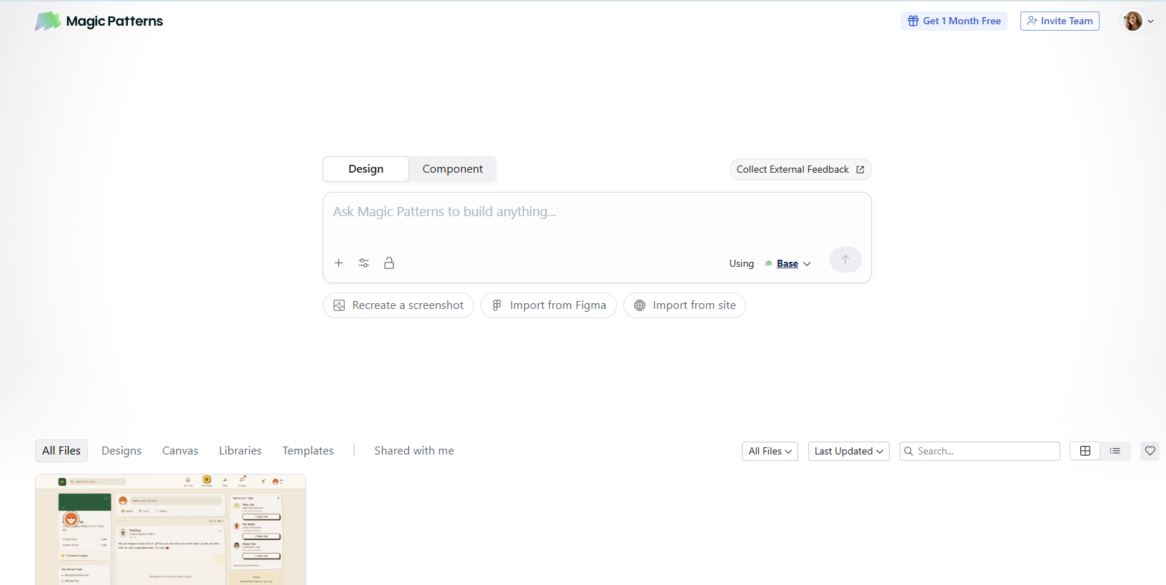 Magic Patterns AI tool interface displaying the prompt interface and example design for desktop page