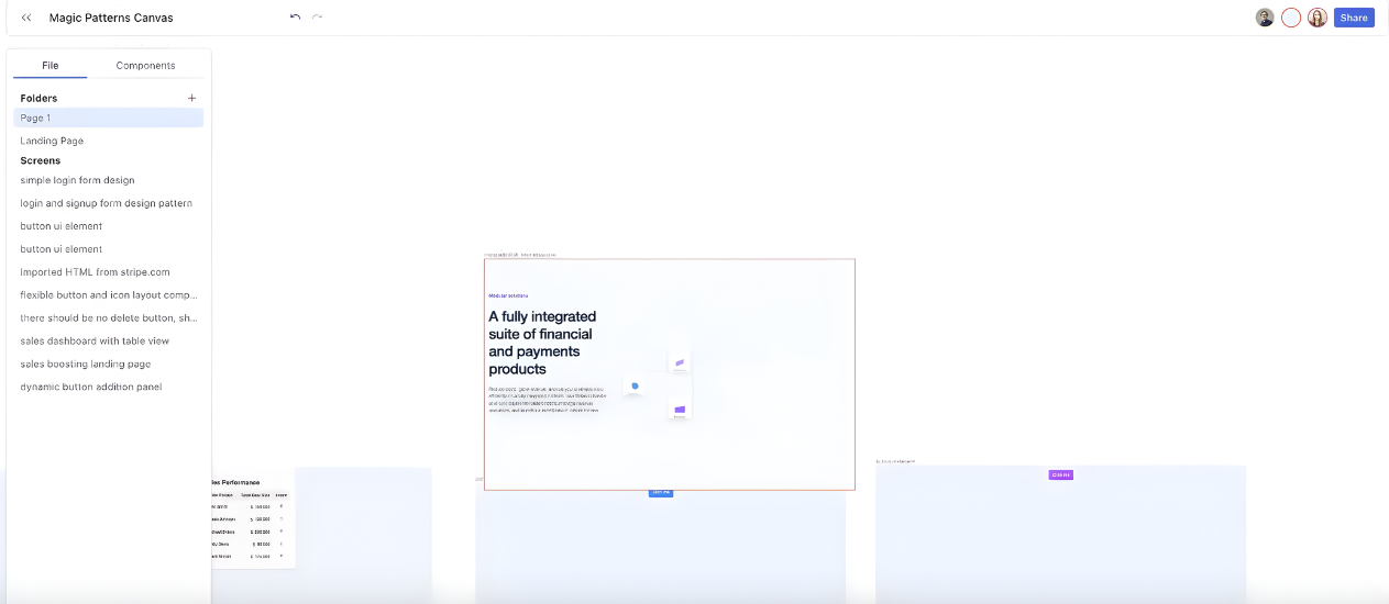 Magic Patterns canvas showing a financial product layout preview