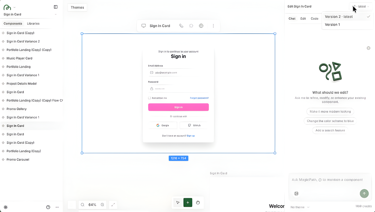 MagicPath Sign-in card UI mockup in a design tool interface