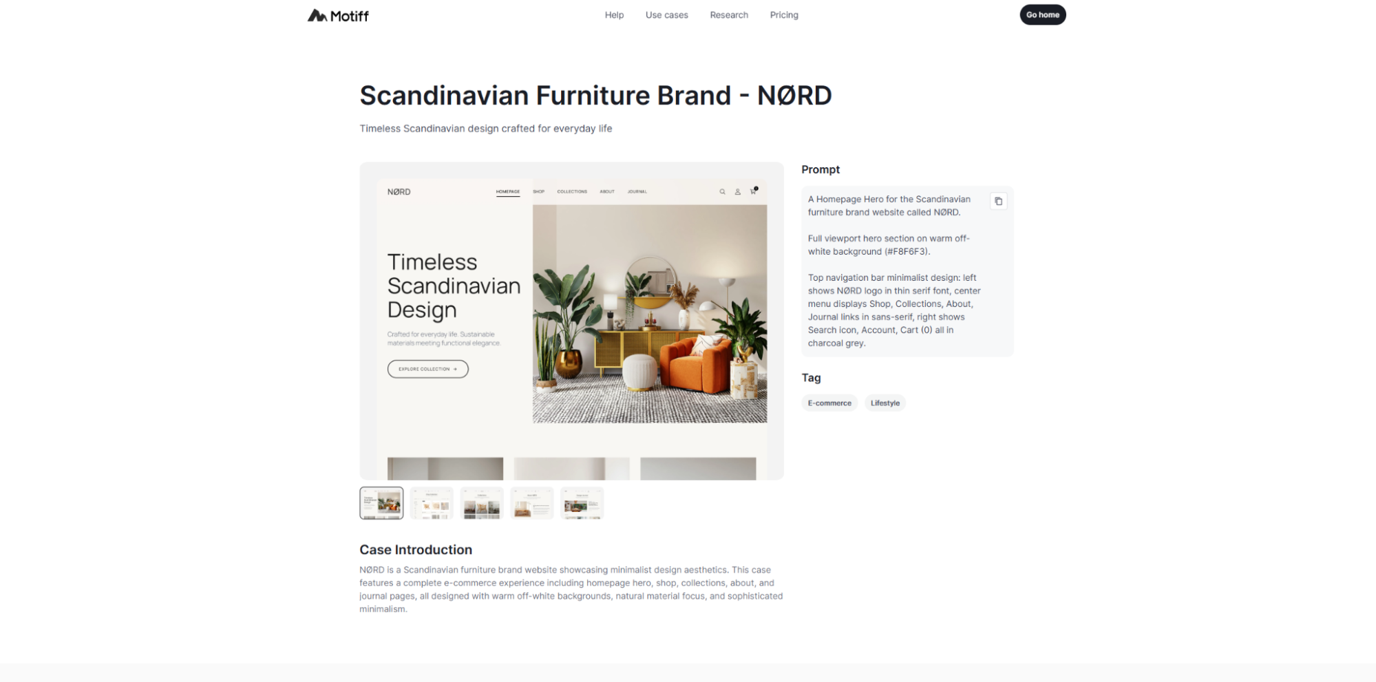Motiff interface showing a website design with homepage preview and prompt panel