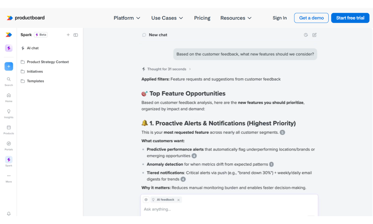 Productboard AI dashboard for identifying new features from customer feedback