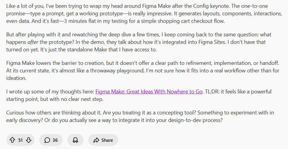 Reddit user review of Figma Make