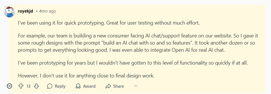 Reddit user's review of Figma Make