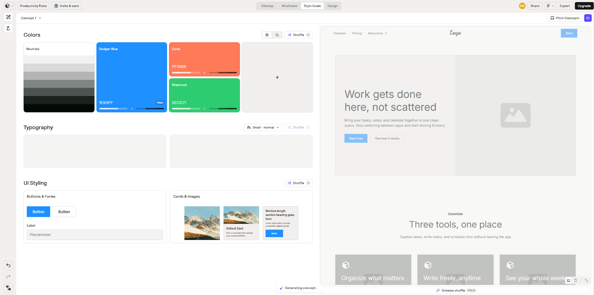Relume platform - website builder showing AI-generated style guide 