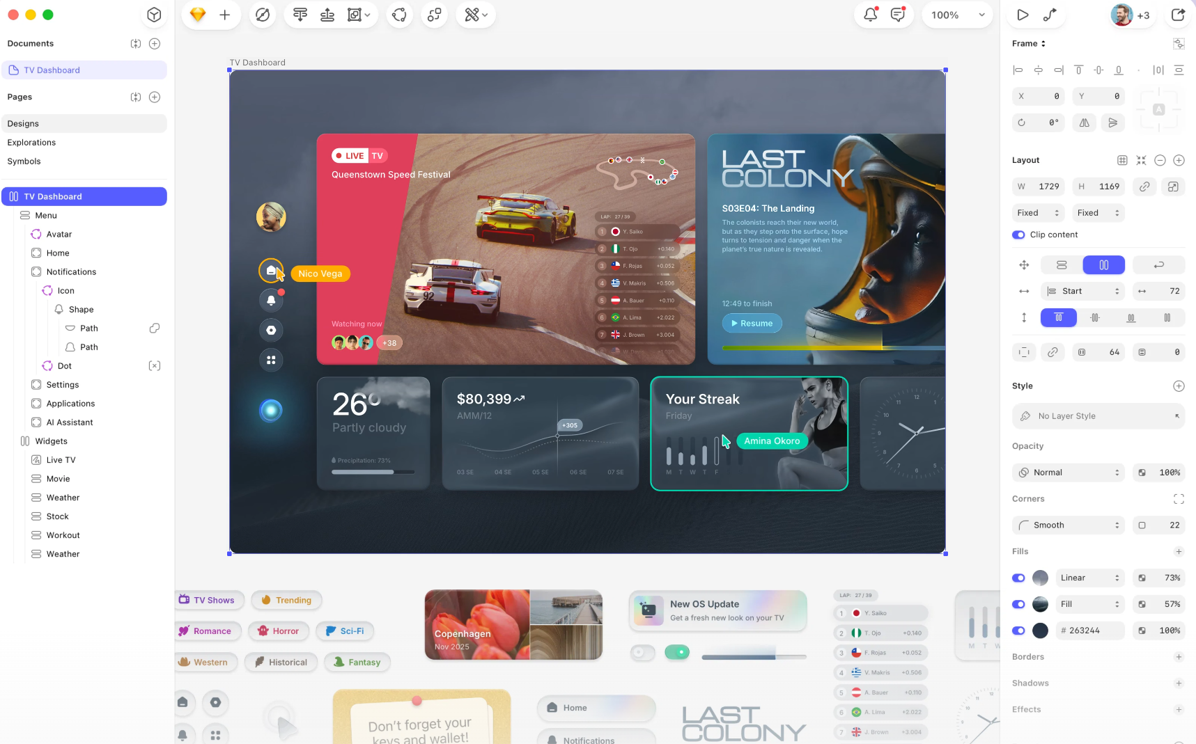 Sketch interface showing a TV dashboard layout for streaming services