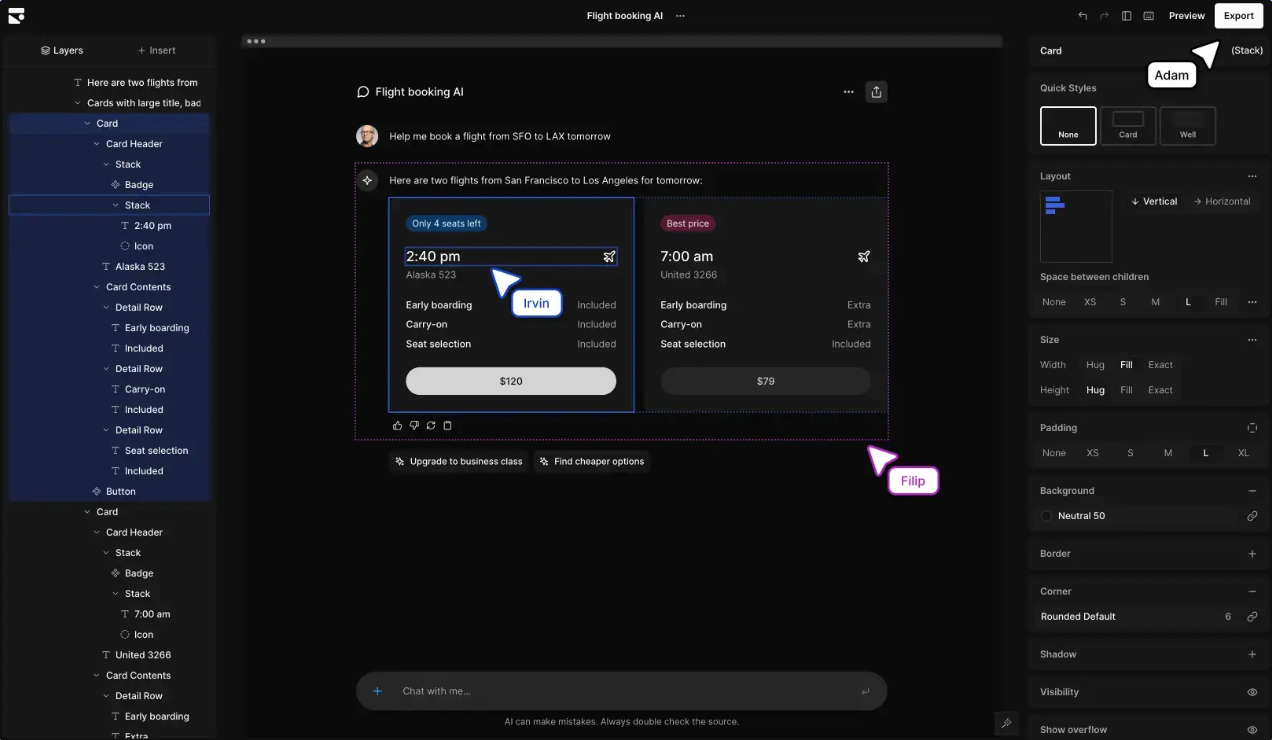 Subframe interface designing a flight booking app layout.