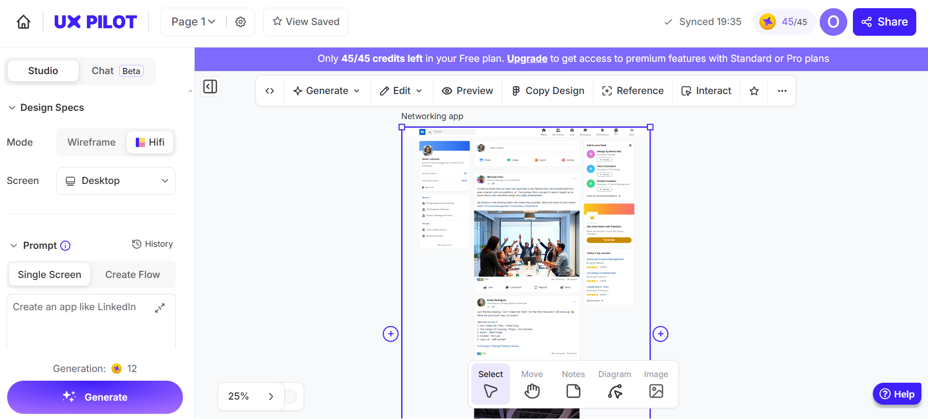 UX Pilot interface generating a networking app layout for SaaS applications.