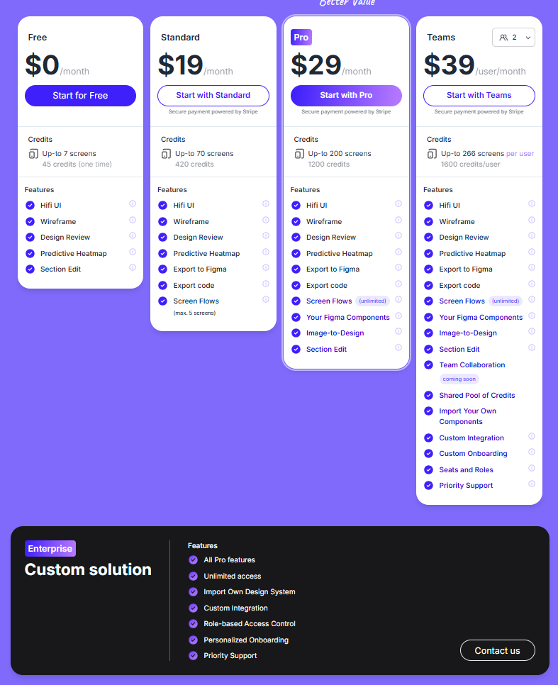 UX Pilot pricing table showing plans with credits, screen limits, and advanced features