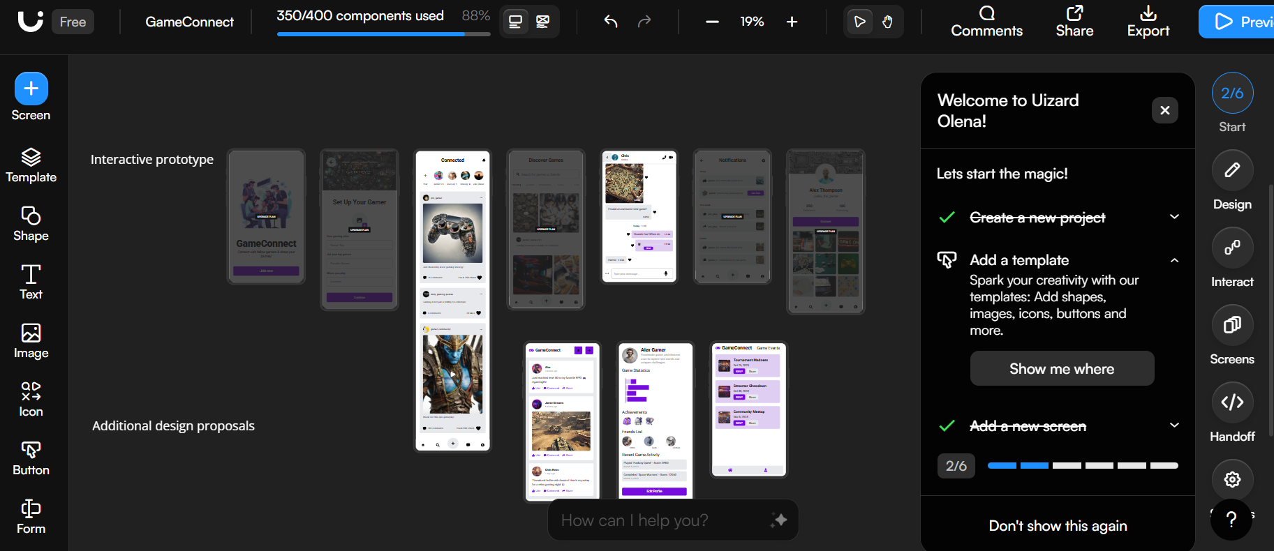 Uizard - App prototype screens in a design platform workspace with side panels, showing new tools