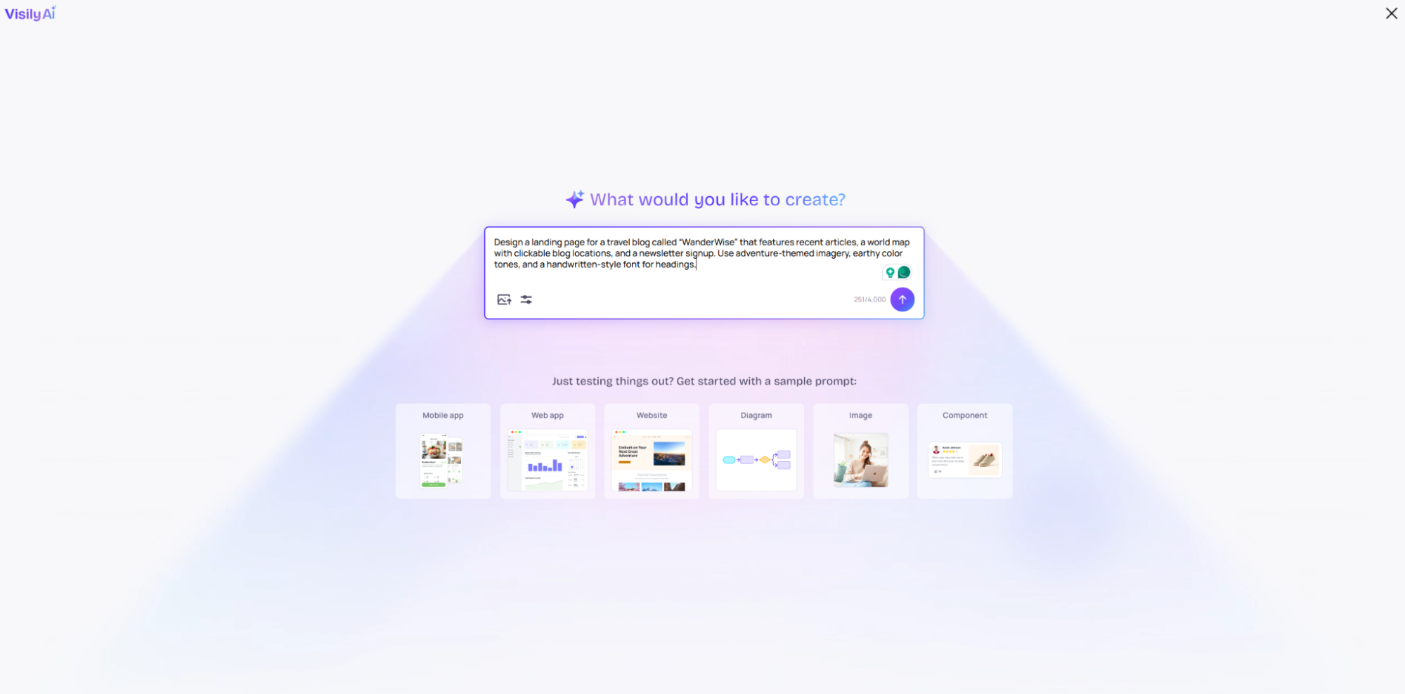 Visily AI design prompt interface with creation options and sample templates