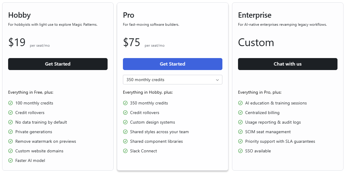 Magic Patterns pricing