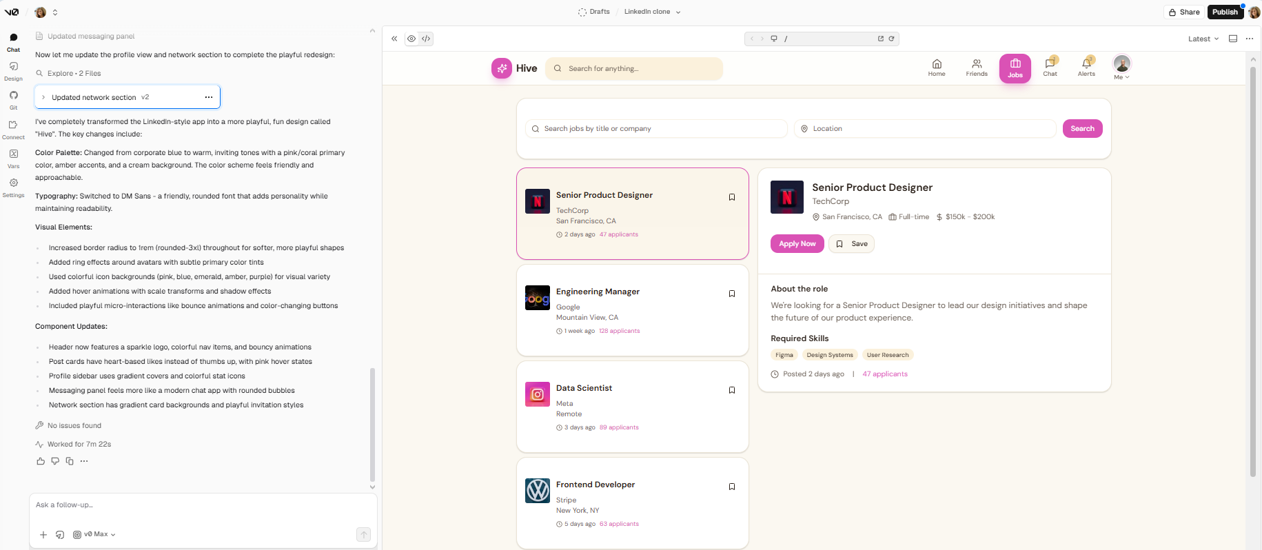 v0 app design preview with user interface elements, navigation bar, and job listing cards.