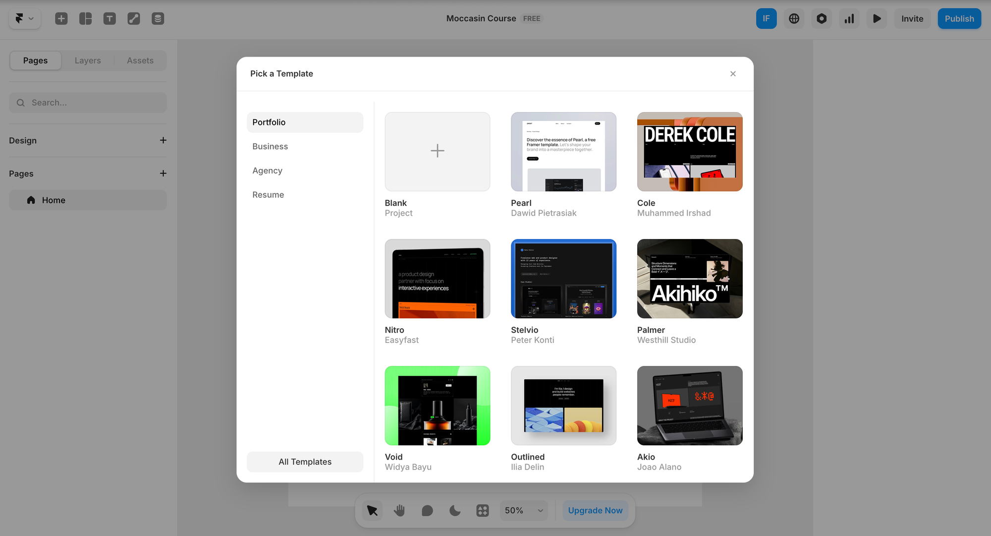 Framer design-to-site platform showing responsive site builder with AI layout generation