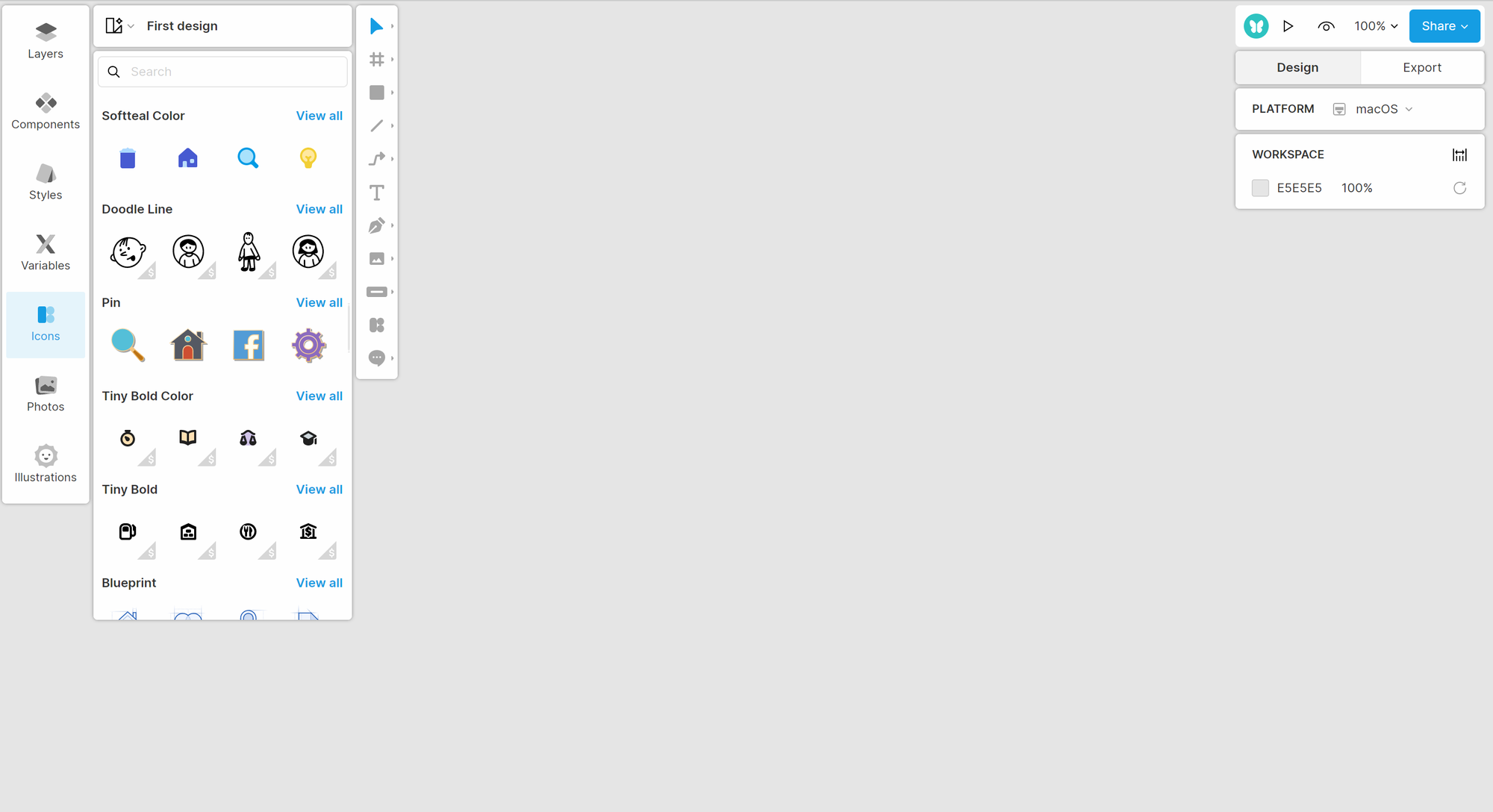Lunacy cross-platform design software showing vector editing with built-in assets and AI tools on Windows