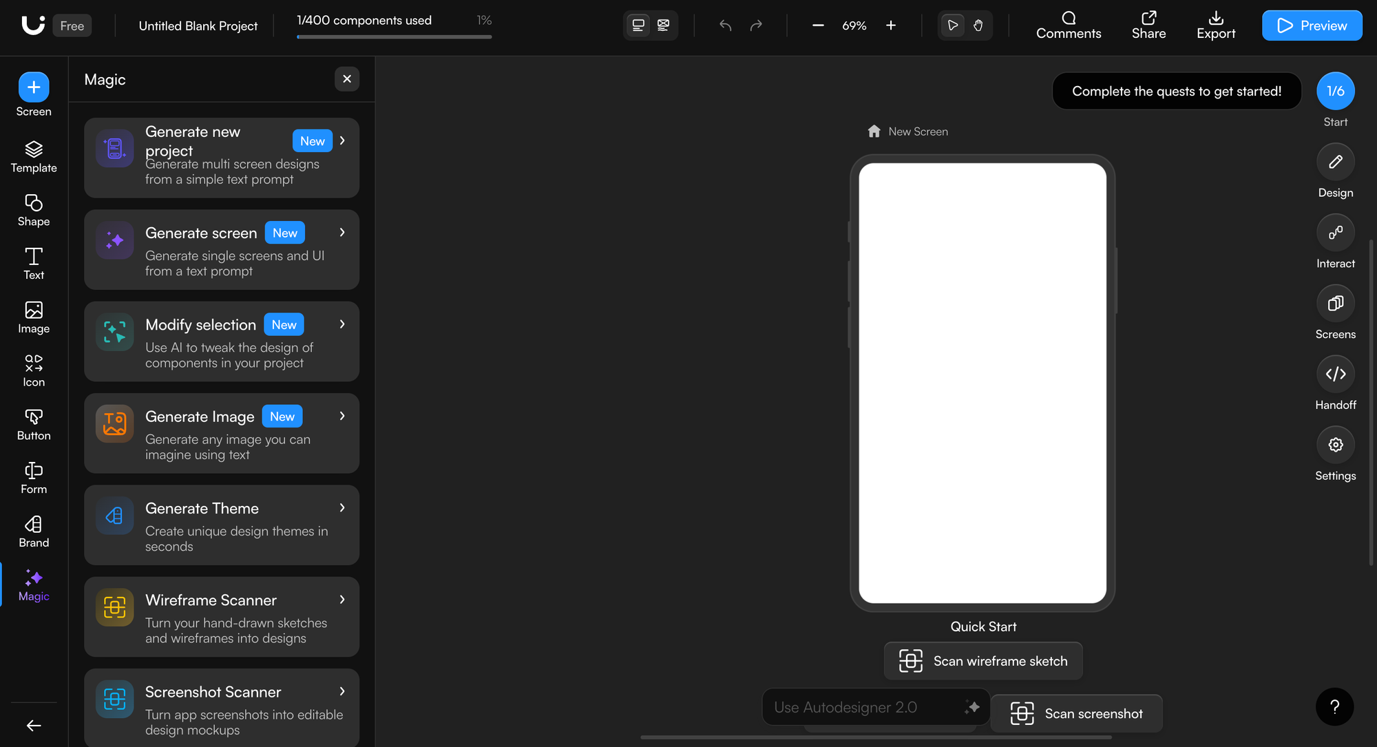 Uizard AI design tool showing prompt-to-UI conversion and multi-screen mockup generation