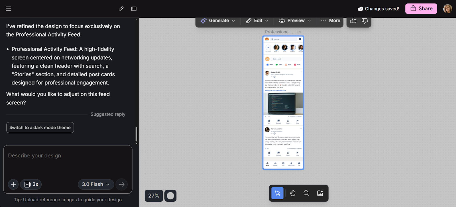 Google Stitch interface showing prompt-to-UI generation with chat-based editing