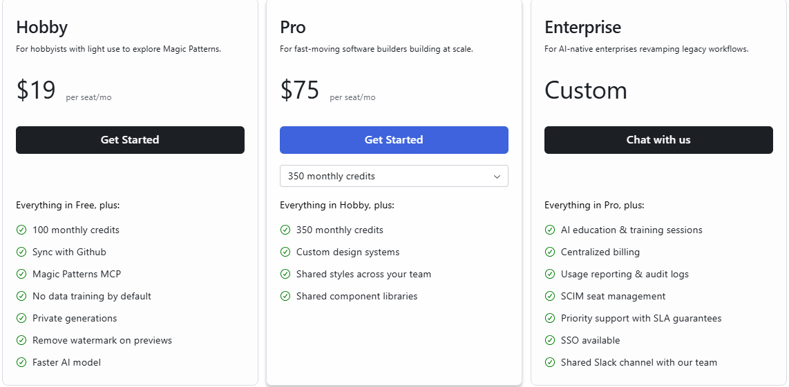 Magic Patterns pricing