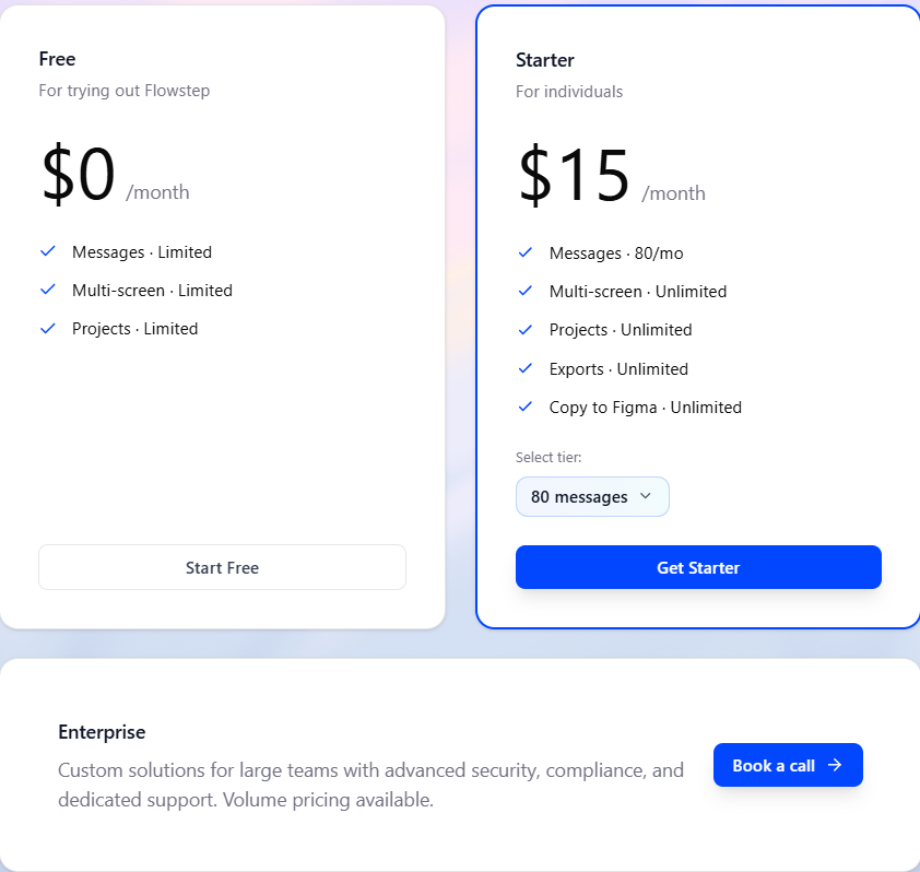 Flowstep free version and paid pricing options for rapid prototyping