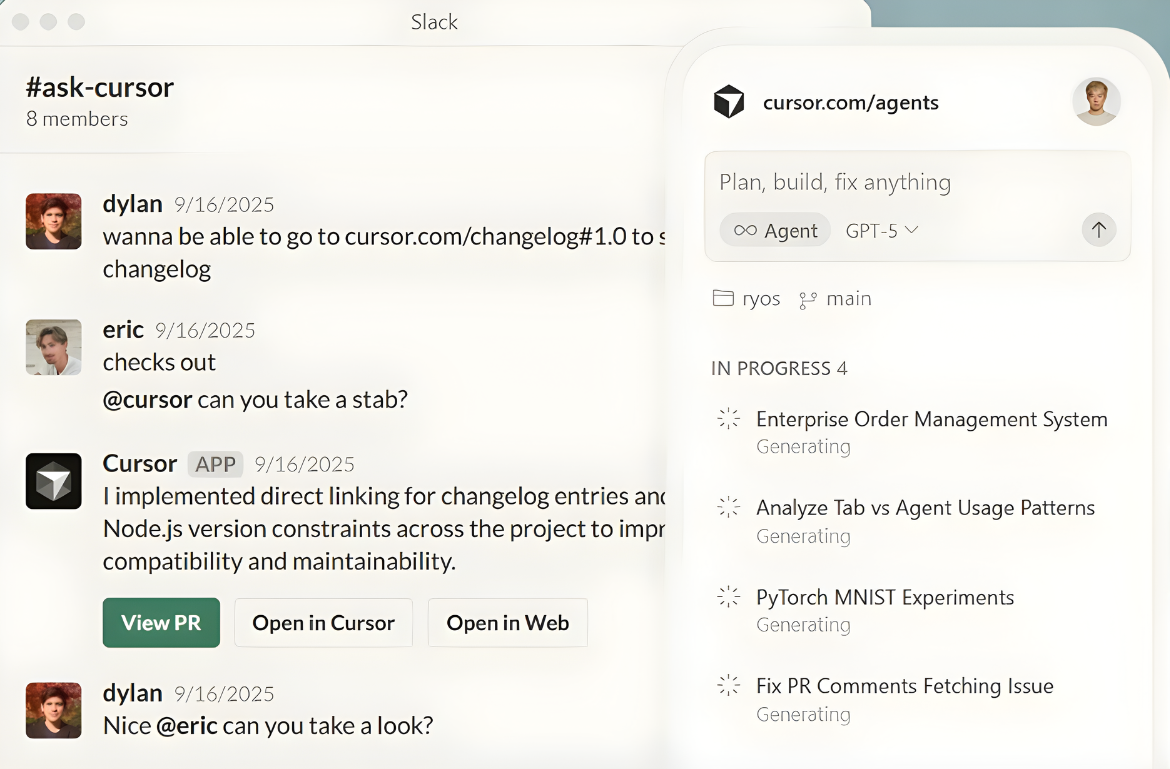 Cursor AI code editor interface showing inline editing, code suggestions and agent mode