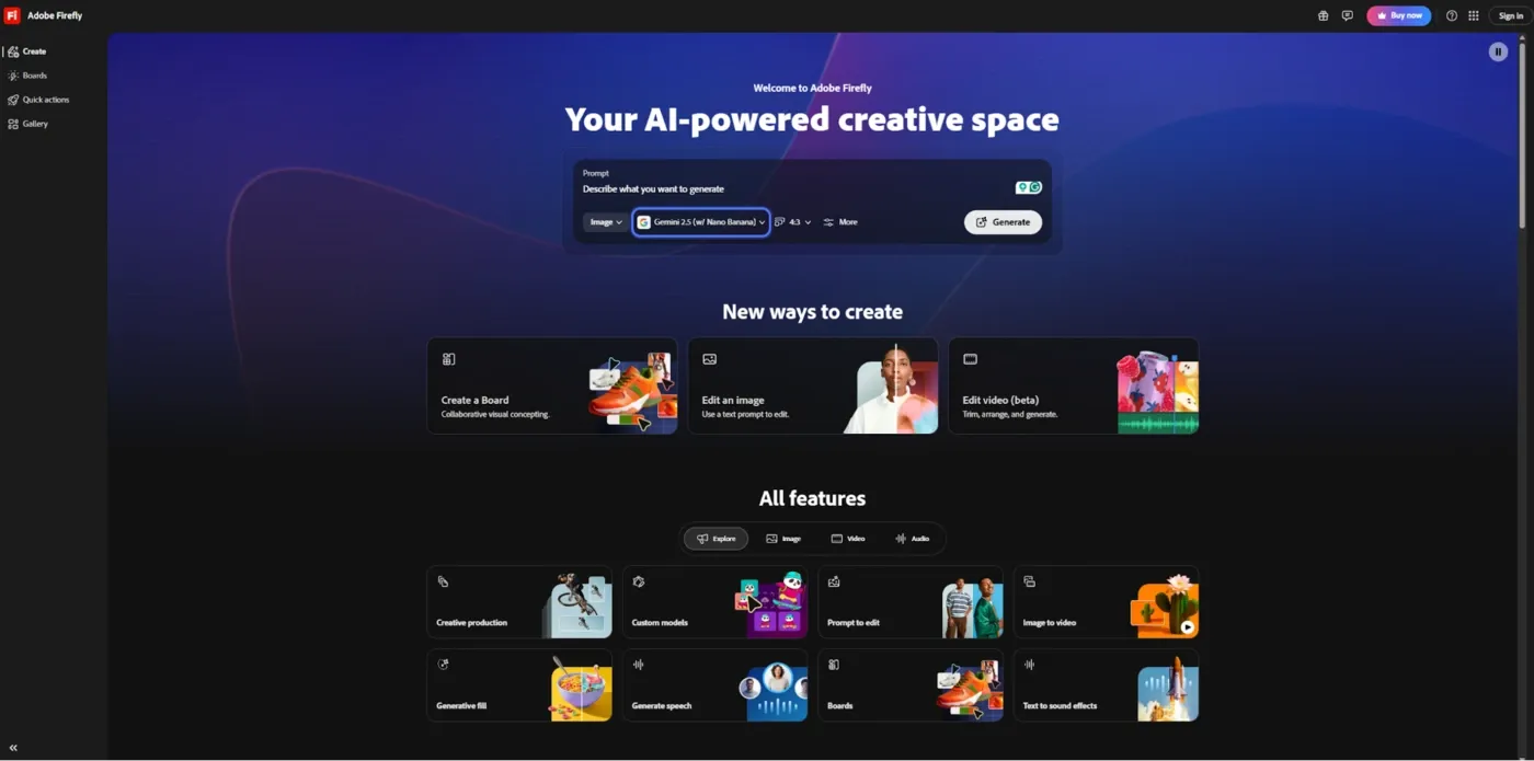 Adobe Firefly AI design studio showing Generative Fill and image editing tools in the Creative Cloud