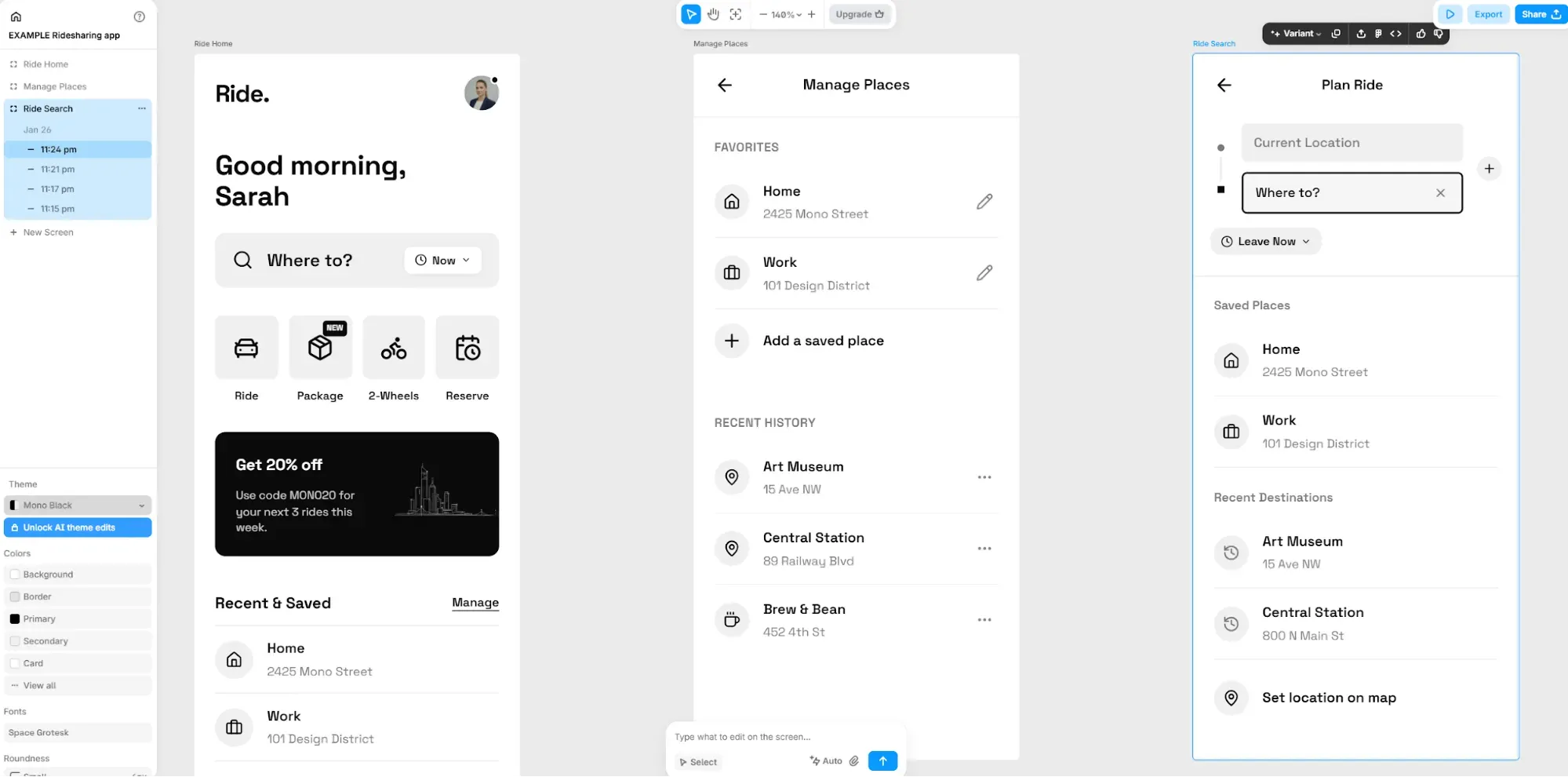 Banani wireframe tool showing text-to-wireframe generation with auto prototype linking