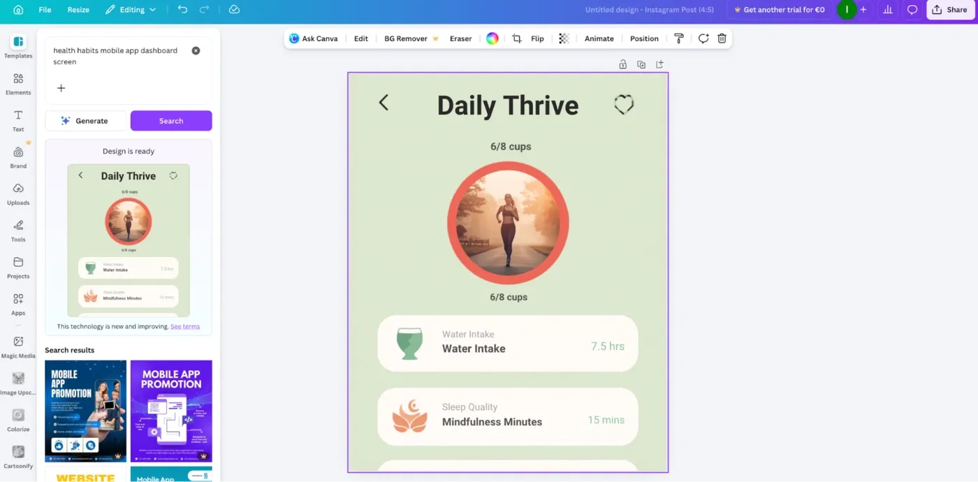 Canva Magic Studio AI design interface showing branded social media content generation