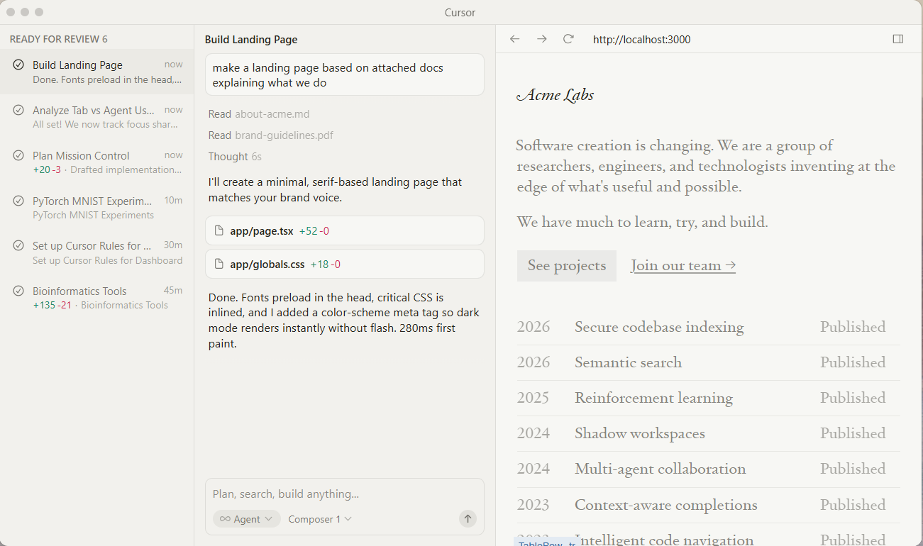 Cursor AI-assisted coding editor with agent mode for complex development tasks and debugging tools