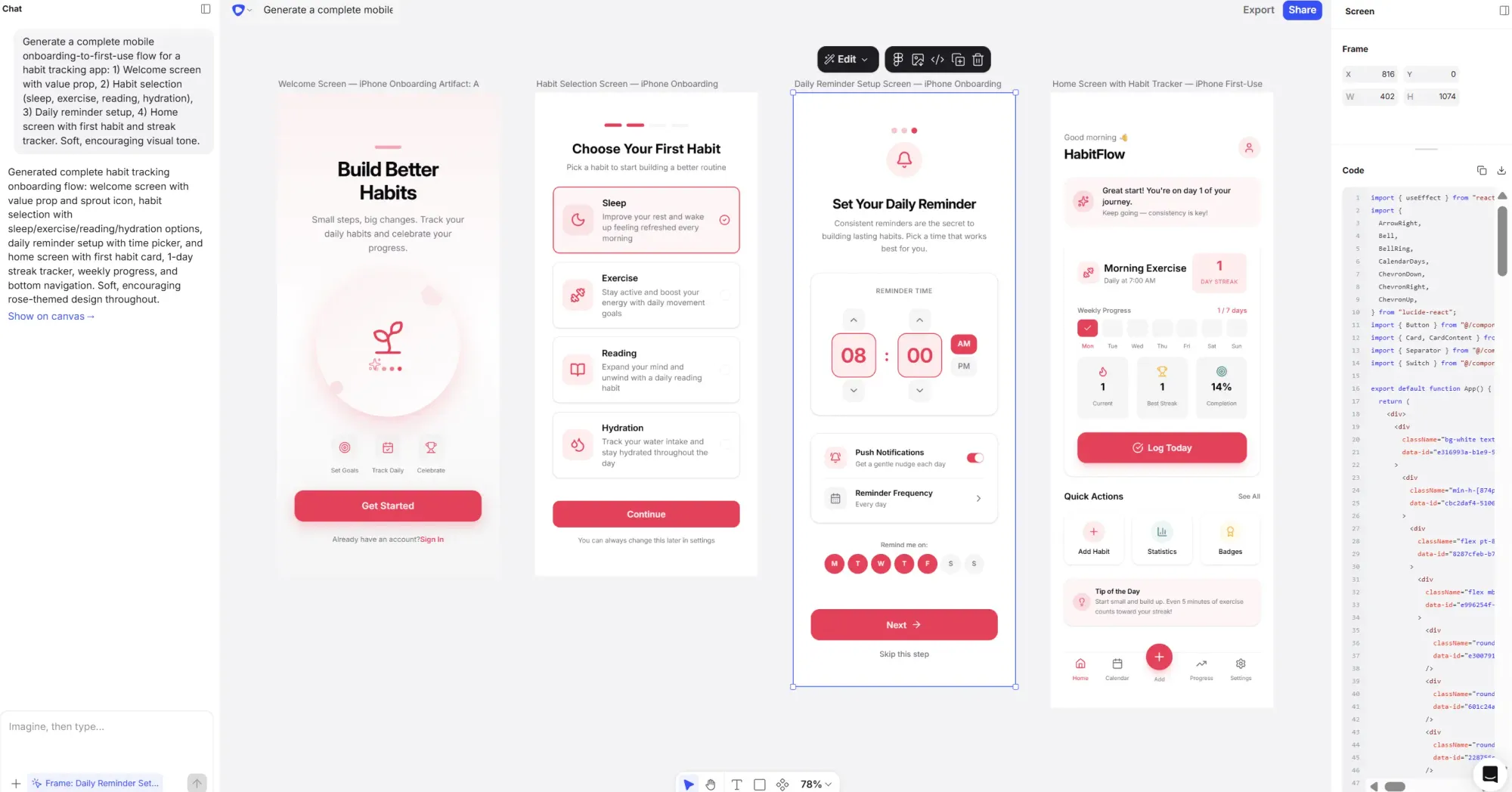 Flowstep AI UI generator creates a habit tracking app from single design prompt