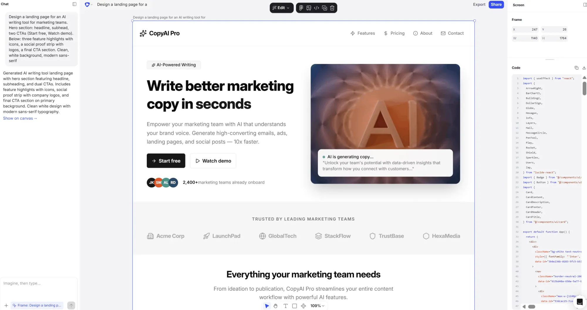 Flowstep generates a homepage with code based on well-crafted AI design prompts