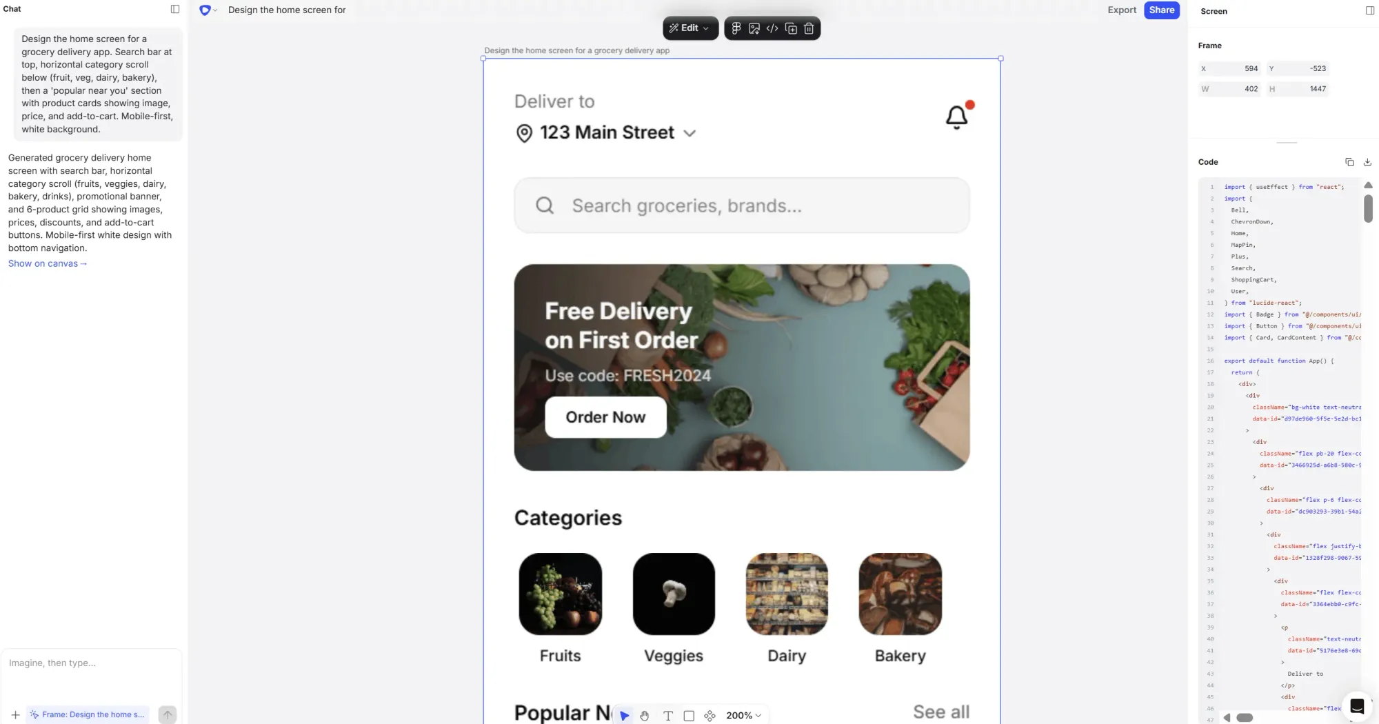 Flowstep generates home screen for a grocery delivery app from good design prompts