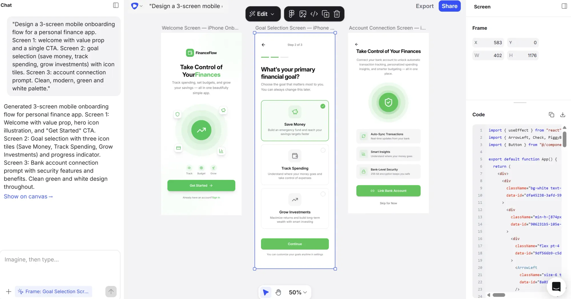 Flowstep generates onboarding flow for a personal finance app from design prompts