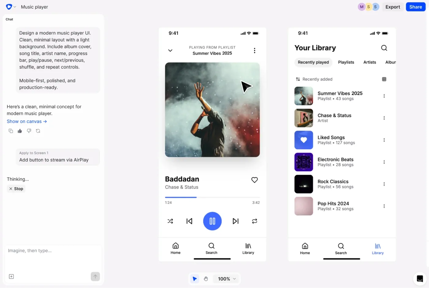 Flowstep AI design assistant interface showing multi-screen UI generation on an infinite canvas
