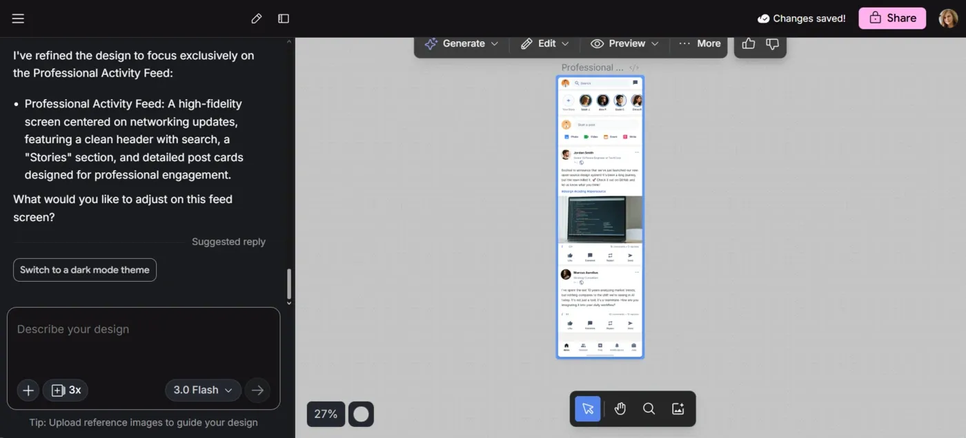 Google Stitch AI design tool interface showing UI generation from a text prompt on an infinite canvas