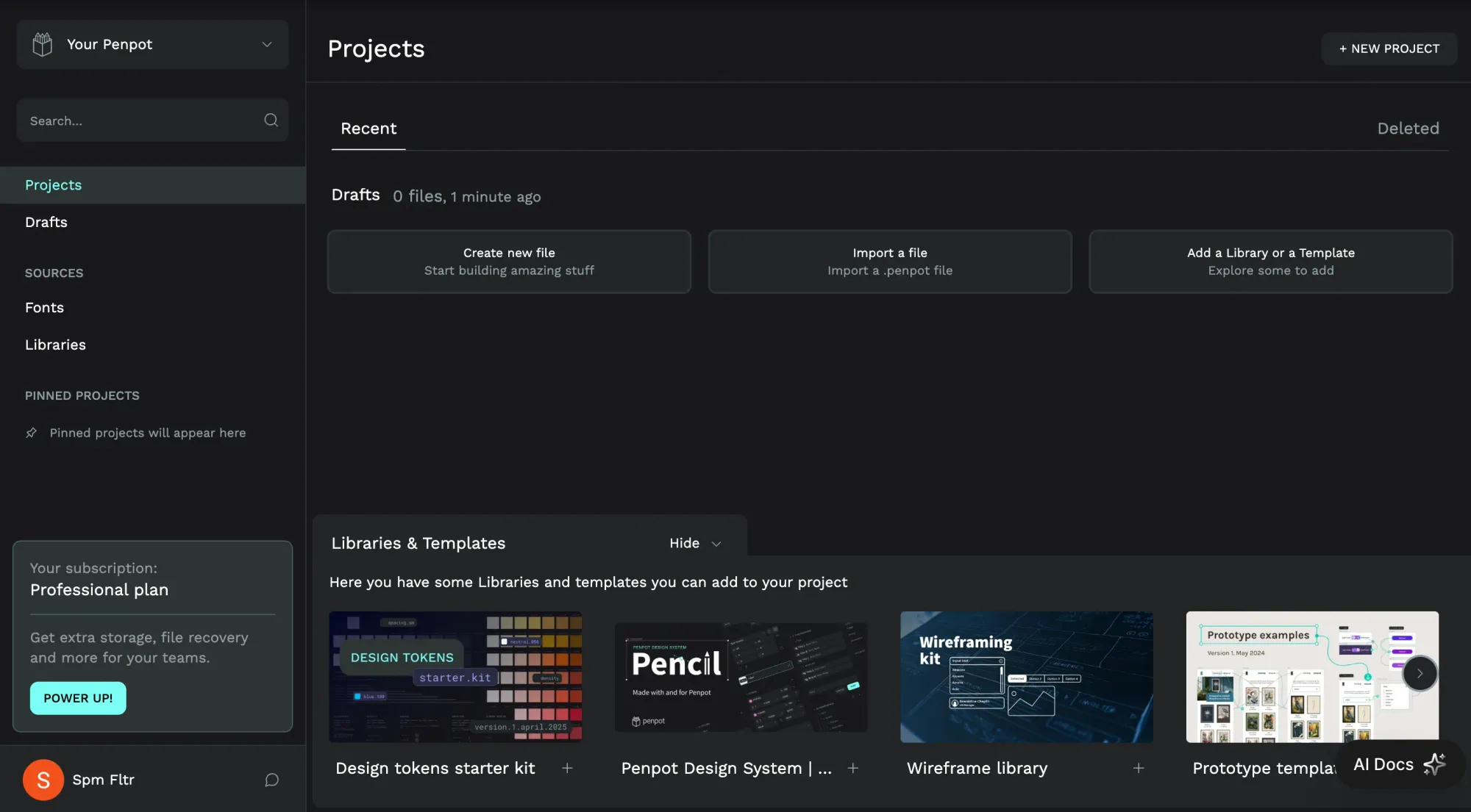 Penpot open source design tool interface with limited projects visible