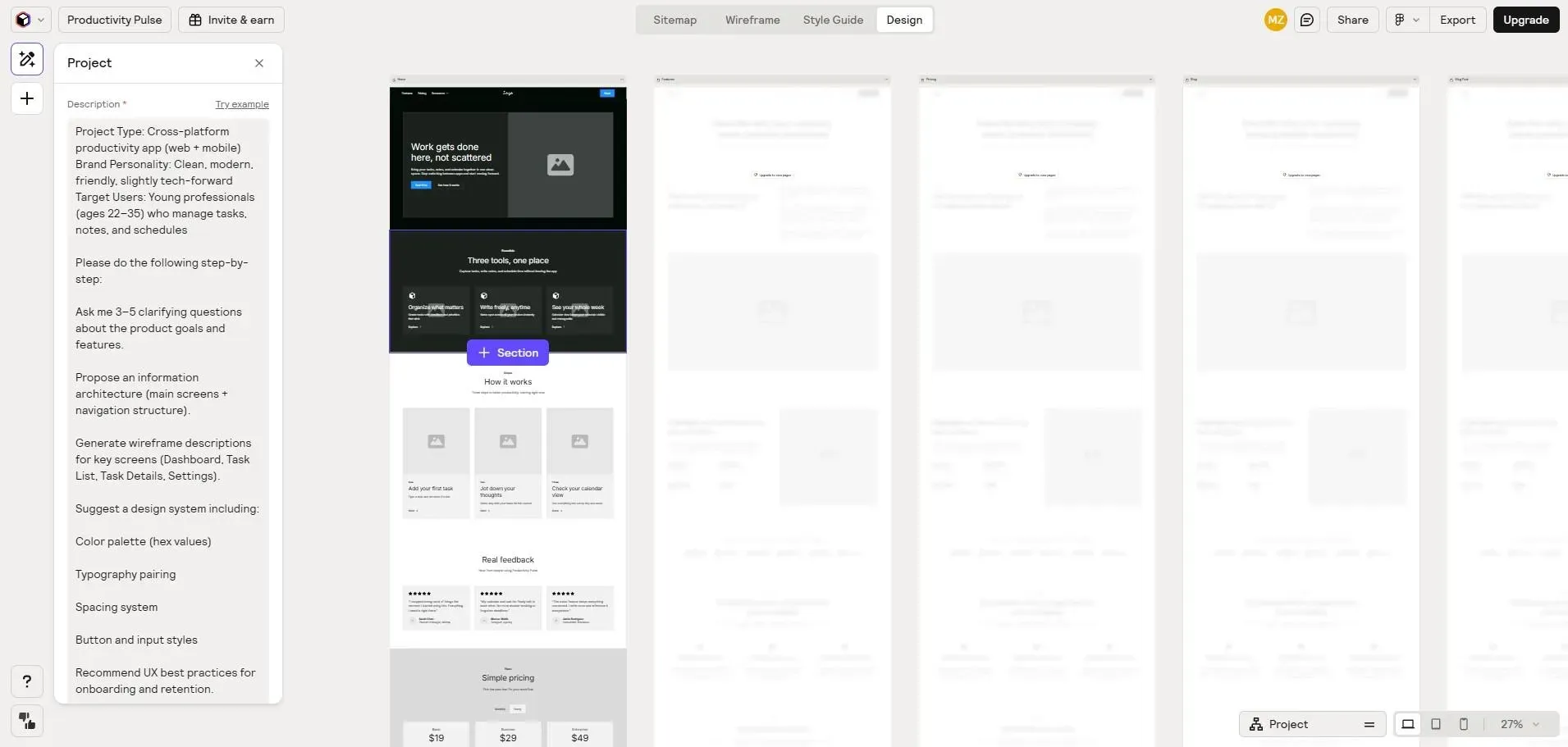 Relume showing sitemap and website wireframe generation with component library