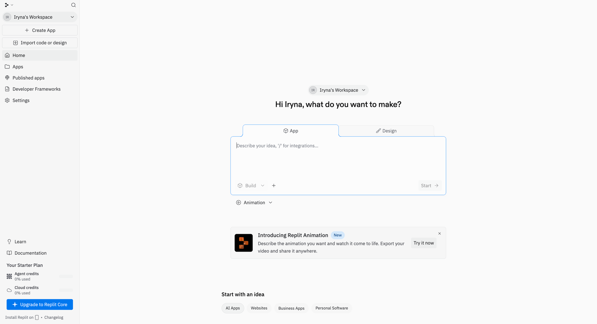 Replit cloud development environment showing AI Agent for code generation and deployment