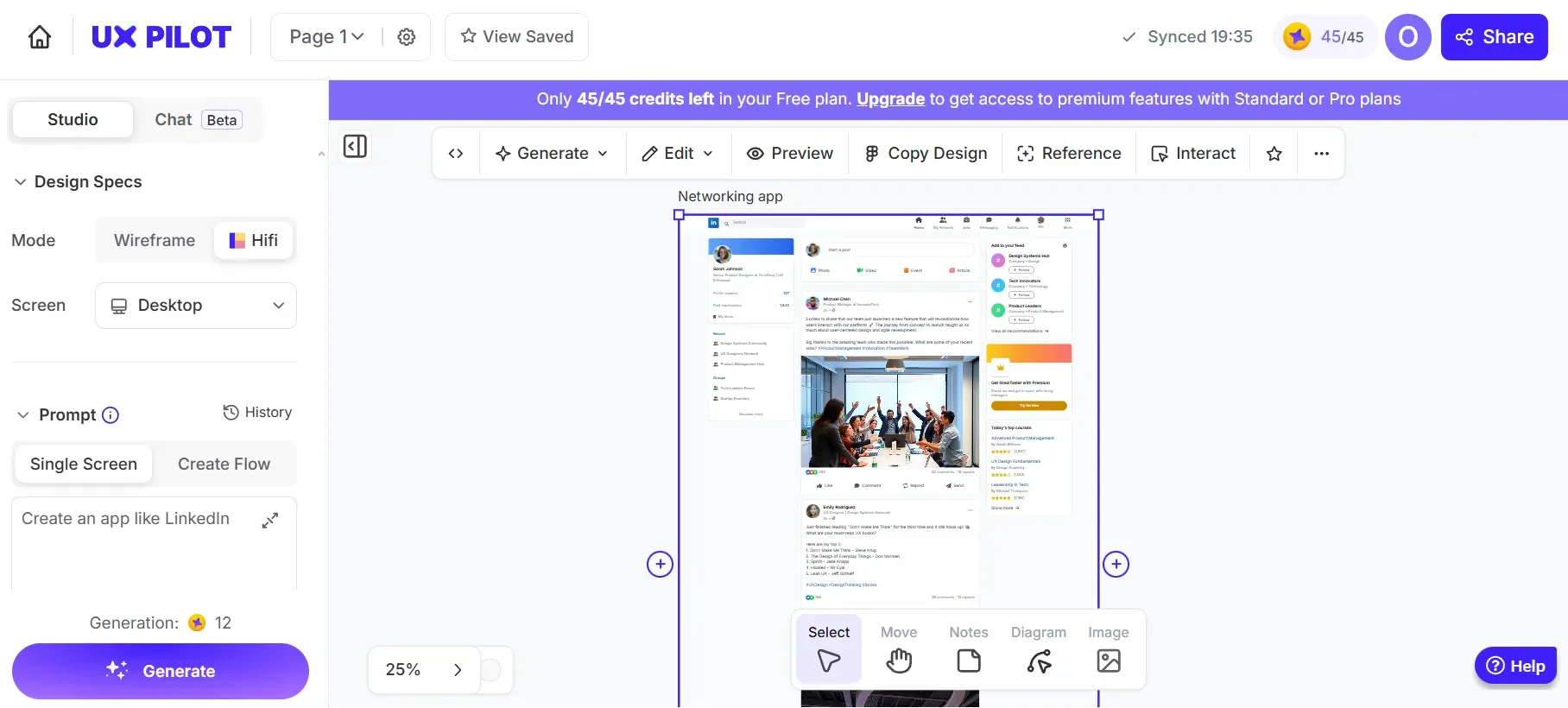 UX Pilot Figma plugin showing wireframe generation with lo-fi/hi-fi toggle and predictive heatmaps