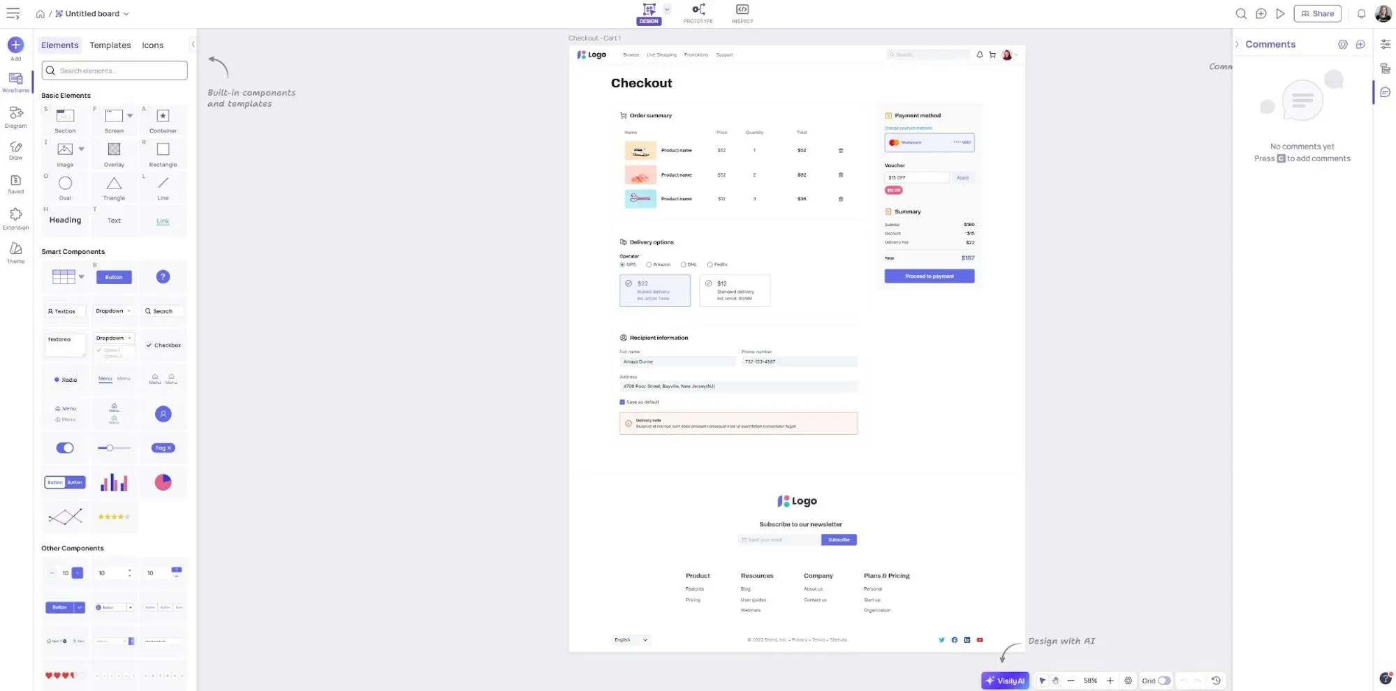 Visily wireframe tool showing screenshot-to-design conversion with editable wireframes and templates