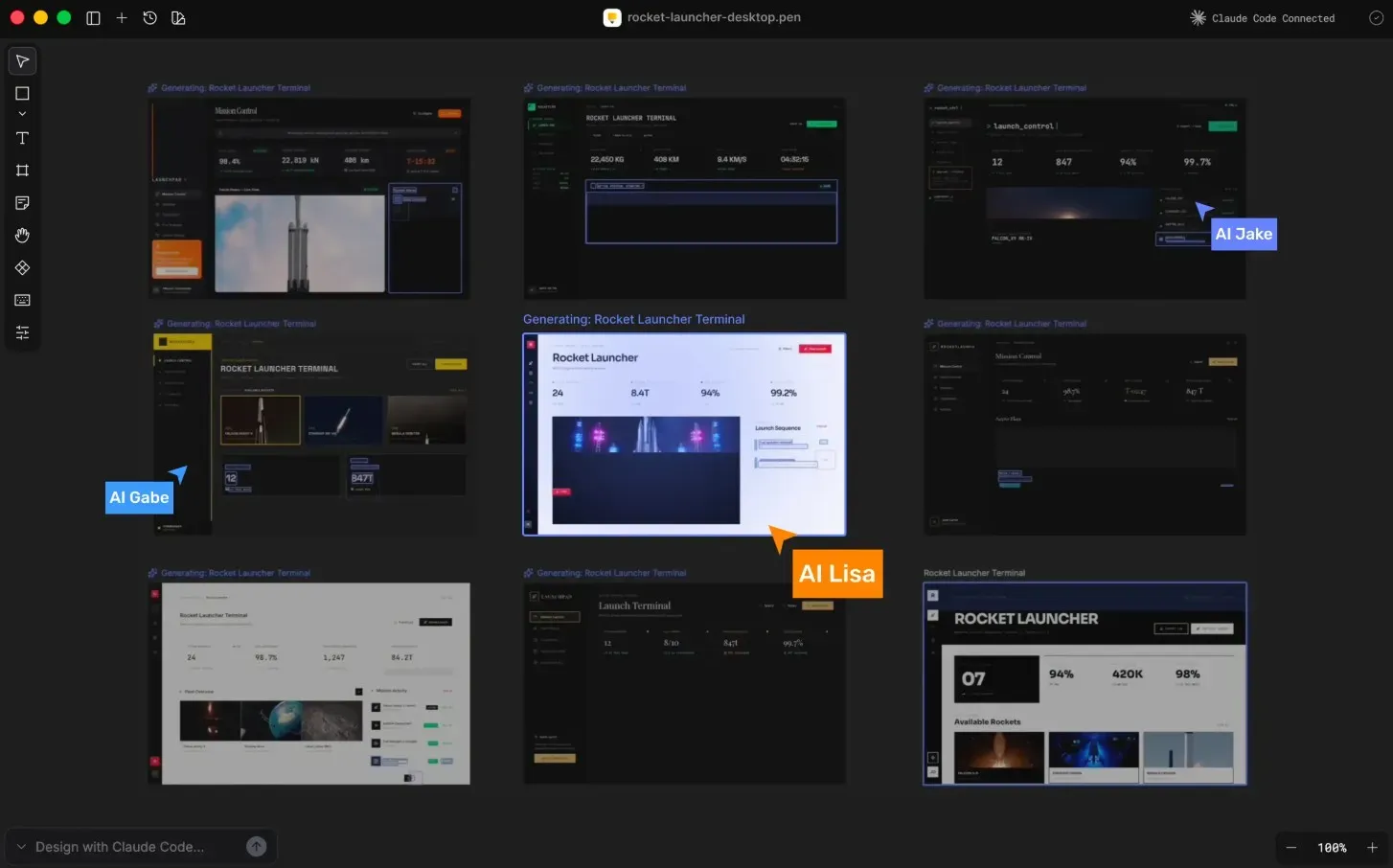 Pencil dev screenshot with an example of generated screens