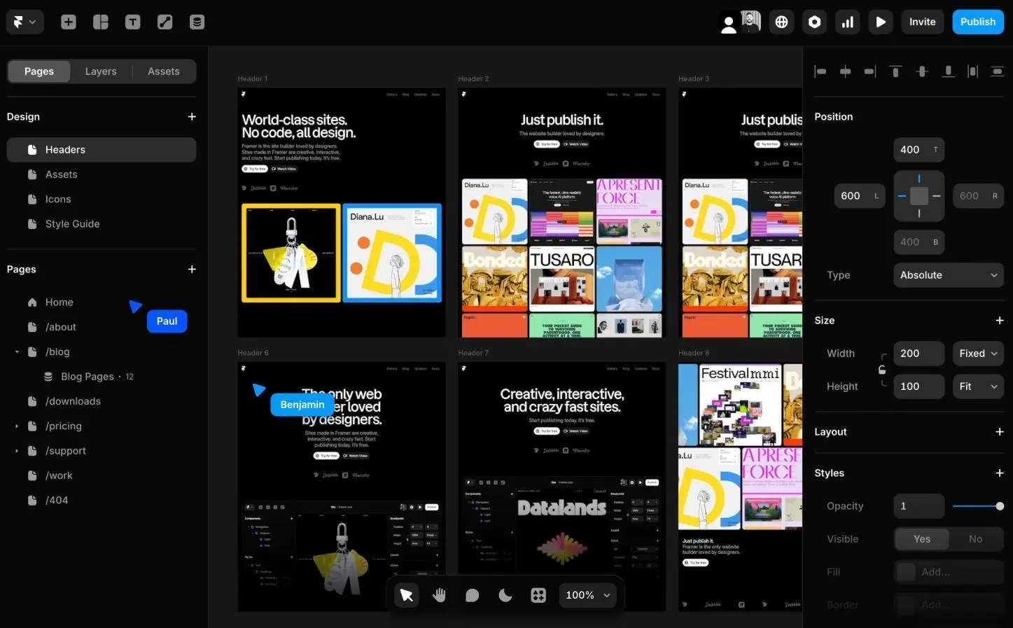 Framer reviiew - Framer site screenshot showing the software's new features, including assets tab