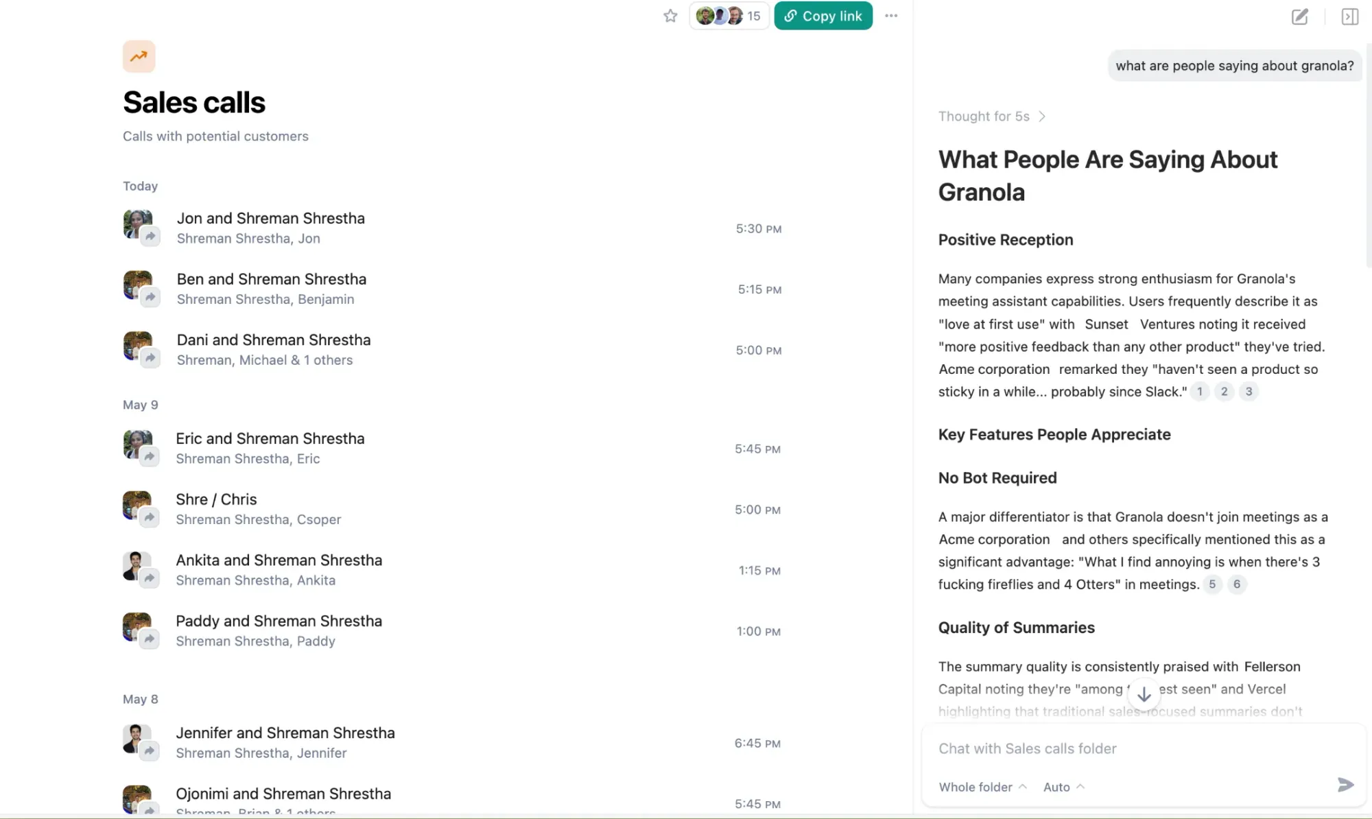 Granola AI meeting notepad interface showing user interview transcript with auto-generated notes