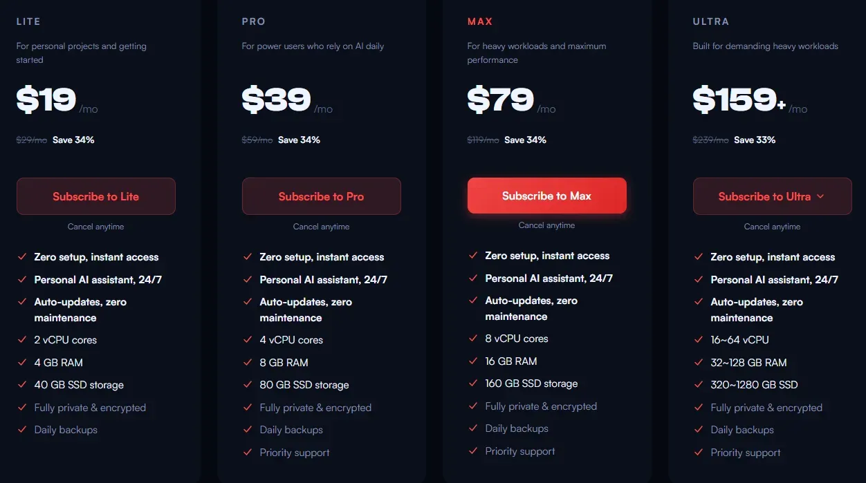 MyClaw pricing structure for hosting