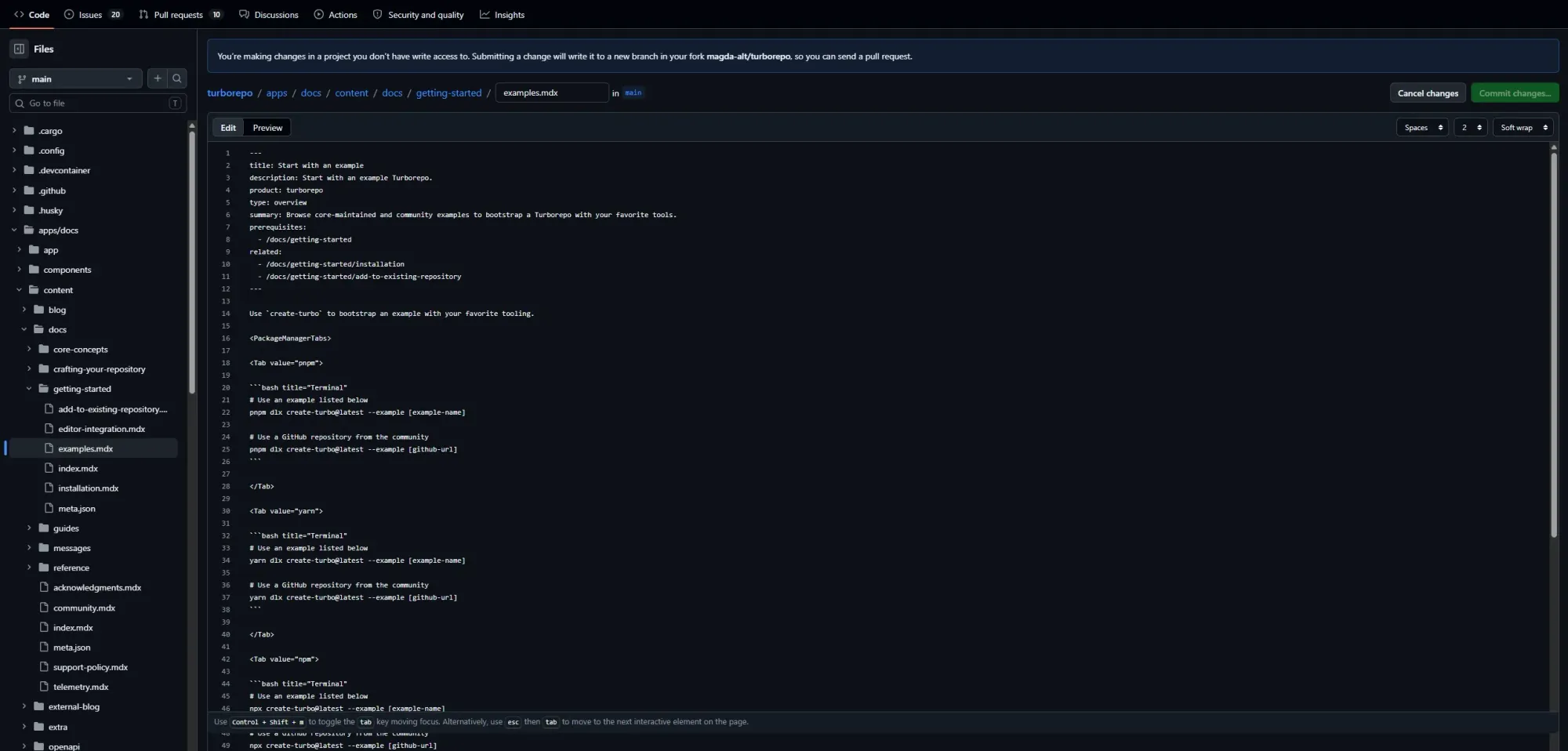 Turborepo example on GitHub