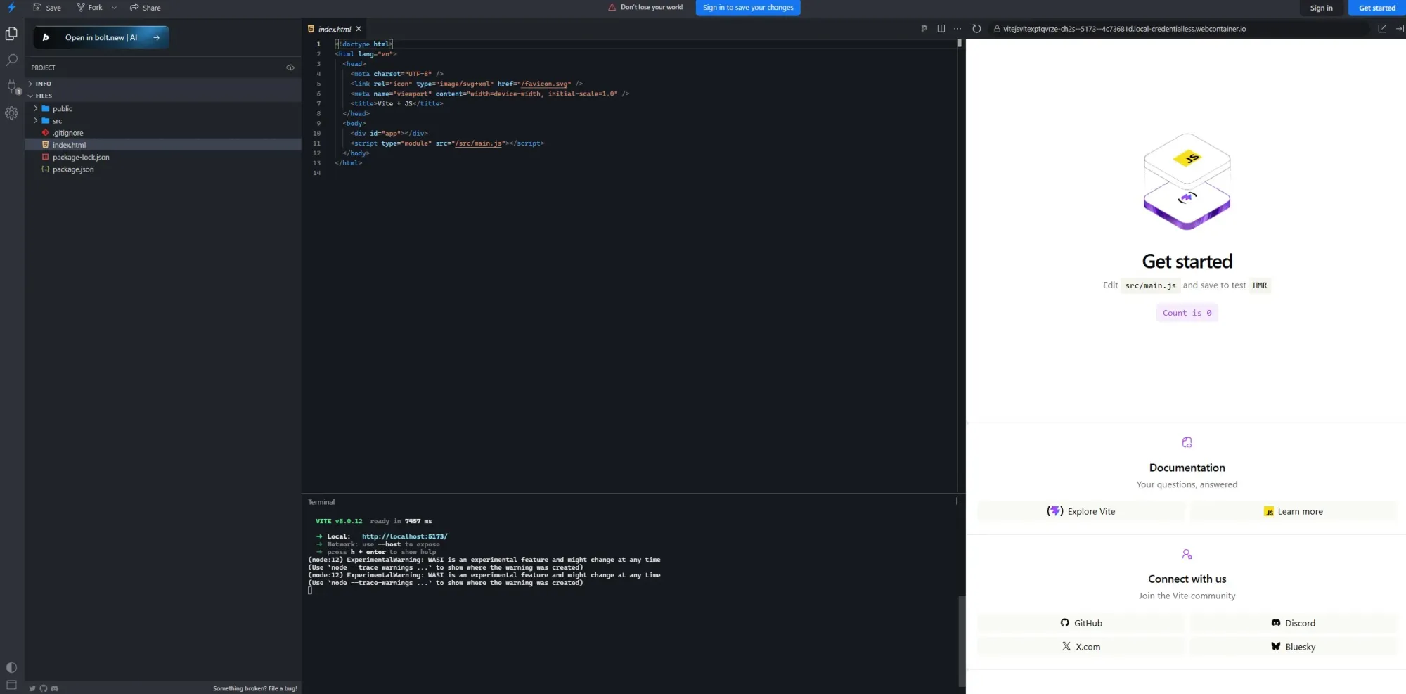 Vite build tool screenshot of the browser setup on StackBlitz