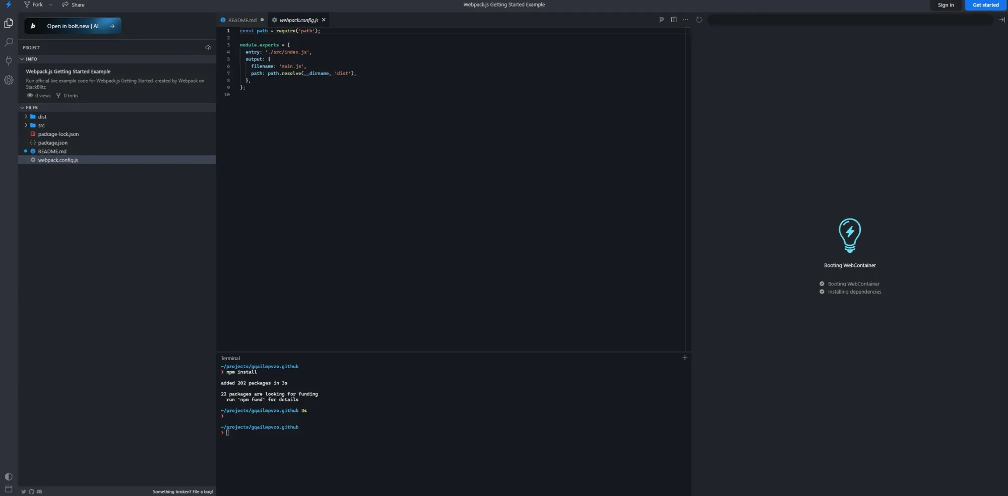 Webpack preview on StackBlitz